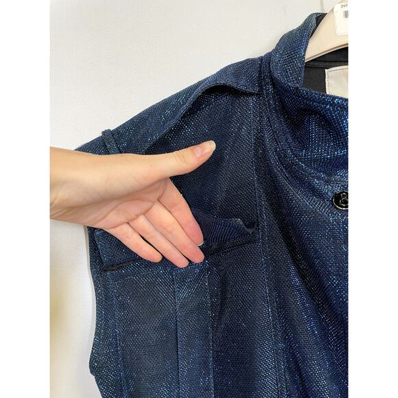 CAROLINA RITZLER Cap Sleeve Belted Metallic Jumpsuit Retro Blue Size 36 US 2 - Picture 2 of 11